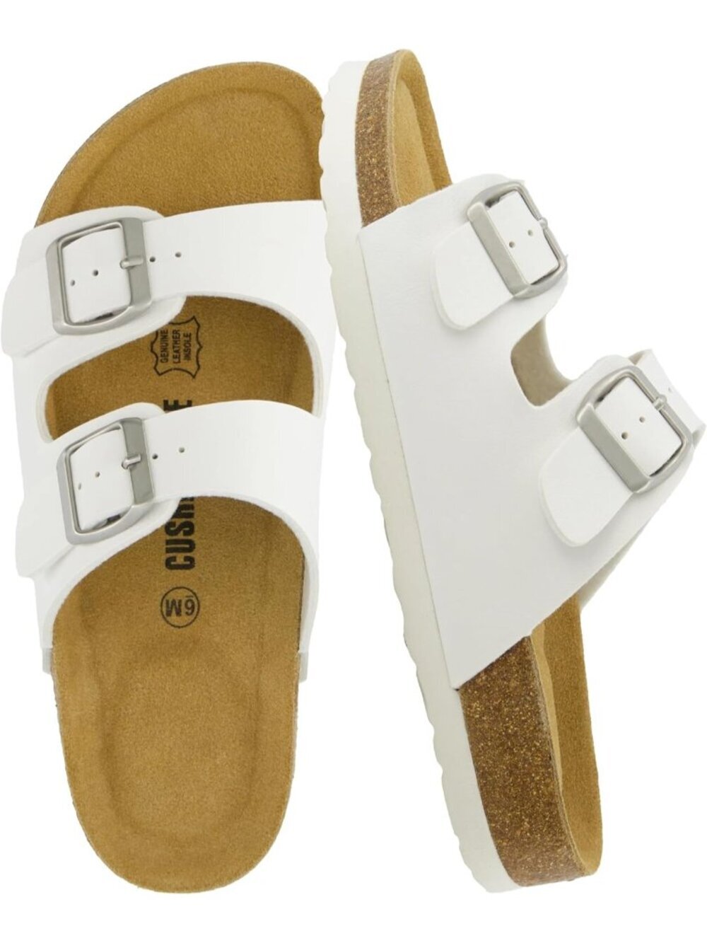 Women's White Footbed Sandals Comfort Double Buckle Two Strap Slide Flats Shoes